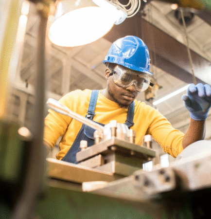 Serious young black factory engineer in hardhat and safety goggles examining milling lathe and repairing it while working at a production plant